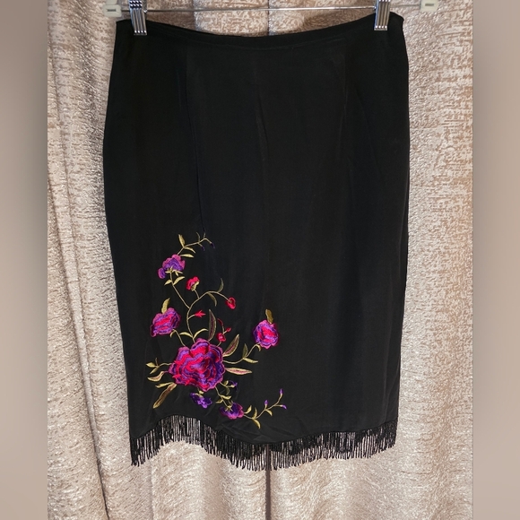 Clio Dresses & Skirts - Clio Black Pencil Skirt with Vibrant Floral Embroidery And Fringe